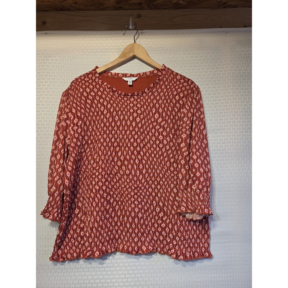 Time & Tru Smocked Mesh Top XXXL 22 Rusty Bronze Ikat Print 3/4 Sleeve Ruffle...